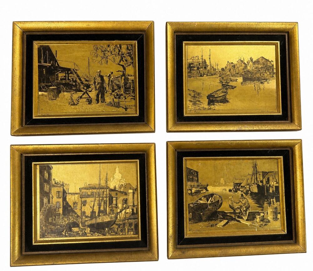 Set 4 Lionel Barrymore Gold Etch Prints Point Mugu Coastal Scenes Framed